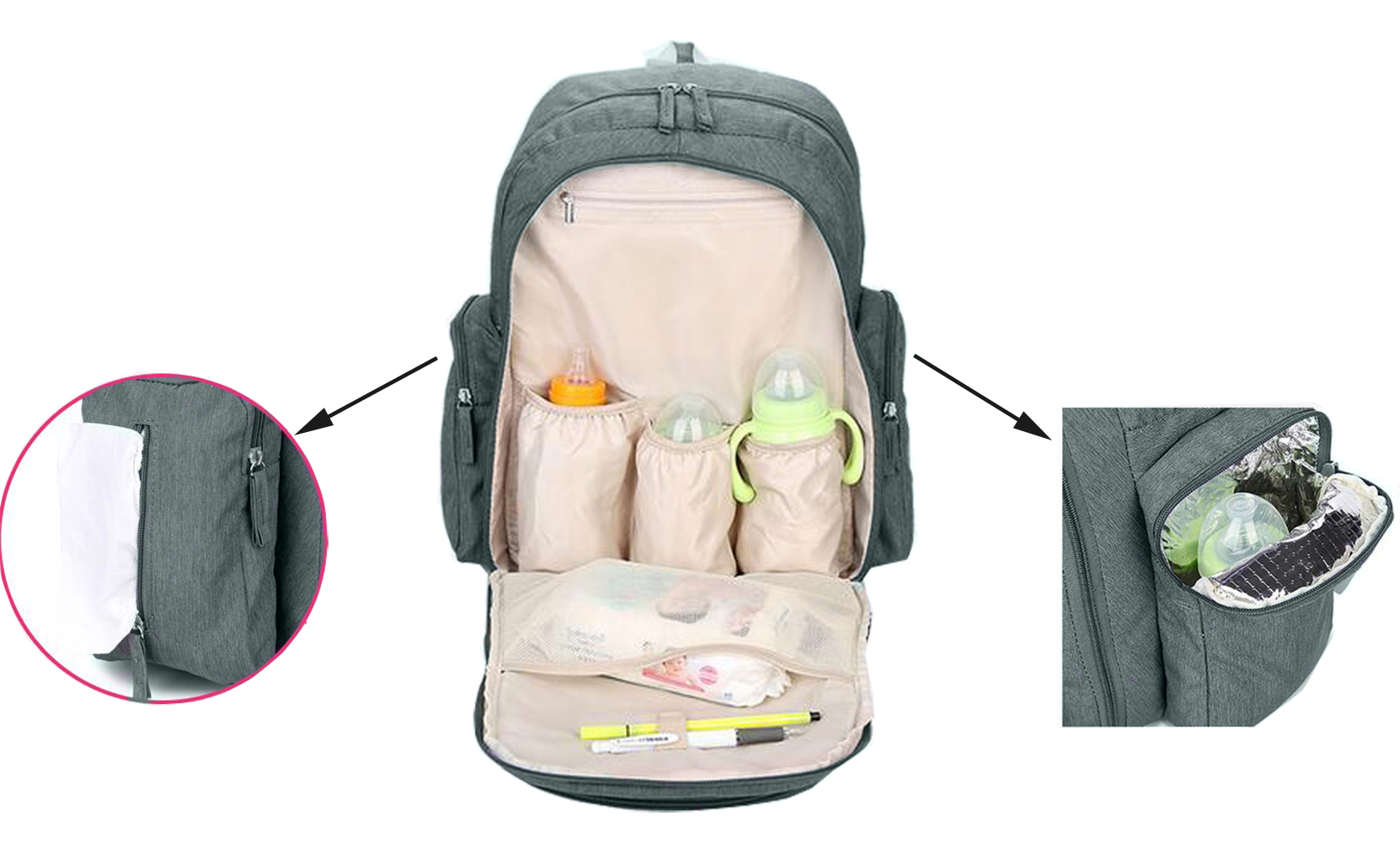 Water Resistant Durable Fabric Baby Diaper bag with Insulated Bottle Pouch Mummy Travel Backpack 3 Piece Set (Flax grey)