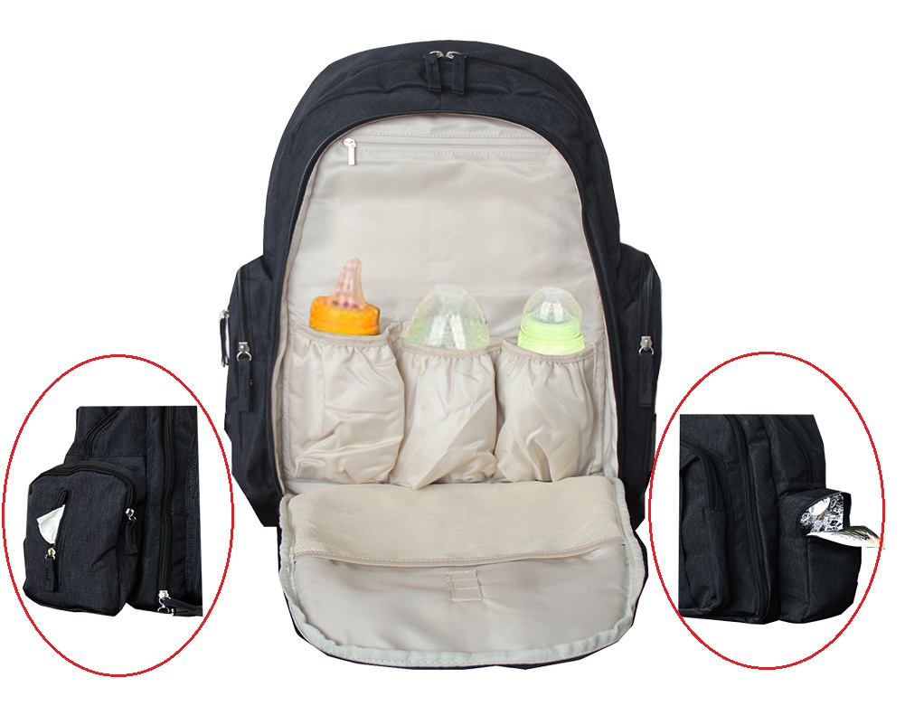 Large Capacity Durable Fabric Baby Diaper bag with Functional 16 Pocket Mummy Travel Backpack 3 Piece Set (Black) 